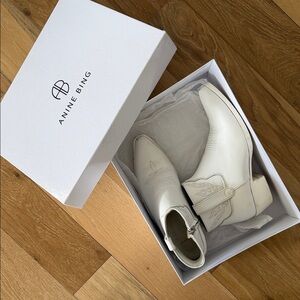 Anine Bing White Leather Western Ankle Boots